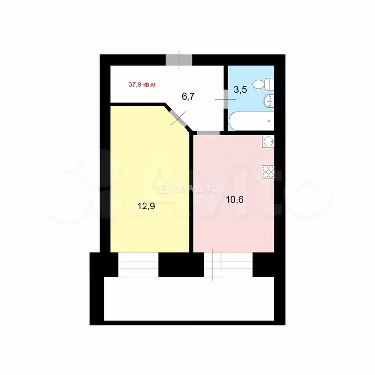 1-к. квартира, 37,4 м, 2/5 эт. - Фото 0