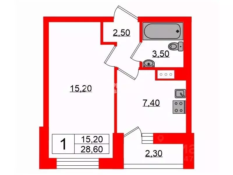 1-к кв. Санкт-Петербург ул. Вадима Шефнера, 10к1 (28.6 м) - Фото 1