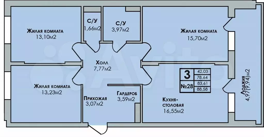 3-к. квартира, 88,6 м, 2/7 эт. - Фото 0