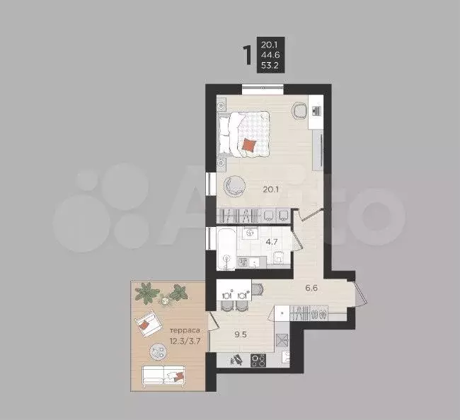 1-к. квартира, 44,6 м, 1/4 эт. - Фото 1