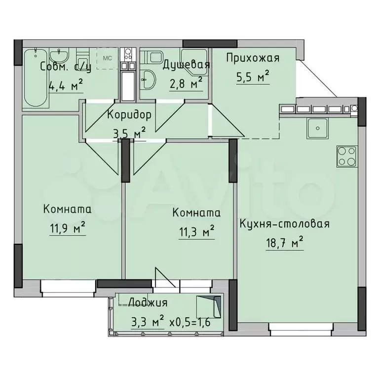 2-к. квартира, 58,1 м, 15/18 эт. - Фото 0