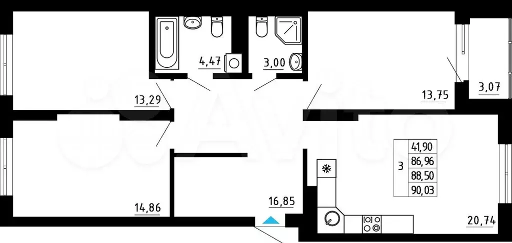 3-к. квартира, 88,5 м, 2/17 эт. - Фото 0