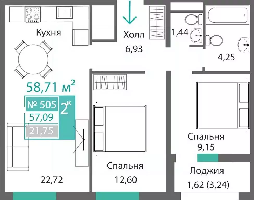 2-к кв. Крым, Симферополь Крымская роза мкр,  (58.71 м) - Фото 0