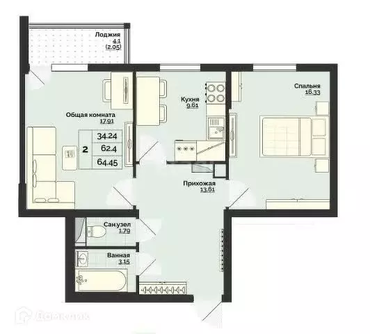 Продаётся 2-к квартира, 64.45 м - Фото 1