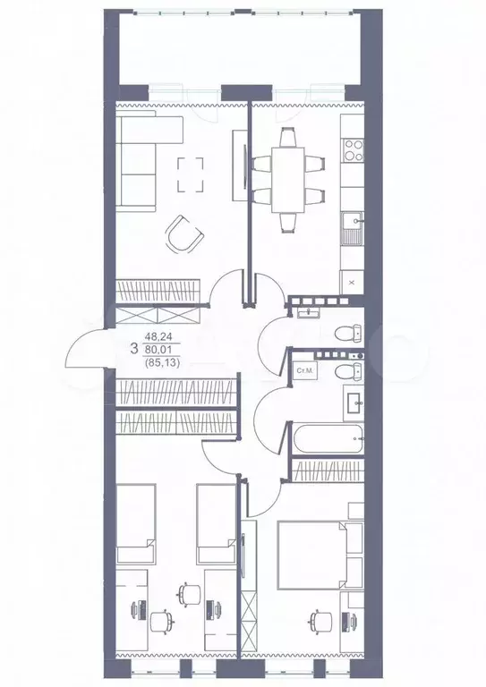 4-к. квартира, 85,1 м, 3/3 эт. - Фото 0