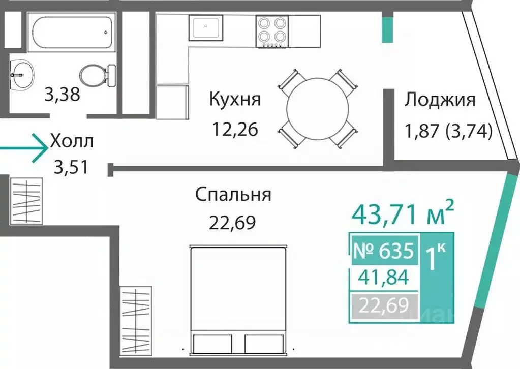 1-к кв. Крым, Симферополь Крымская роза мкр,  (43.71 м) - Фото 0