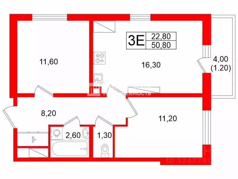 2-к кв. Санкт-Петербург наб. Реки Каменки, 19к3 (50.8 м) - Фото 1