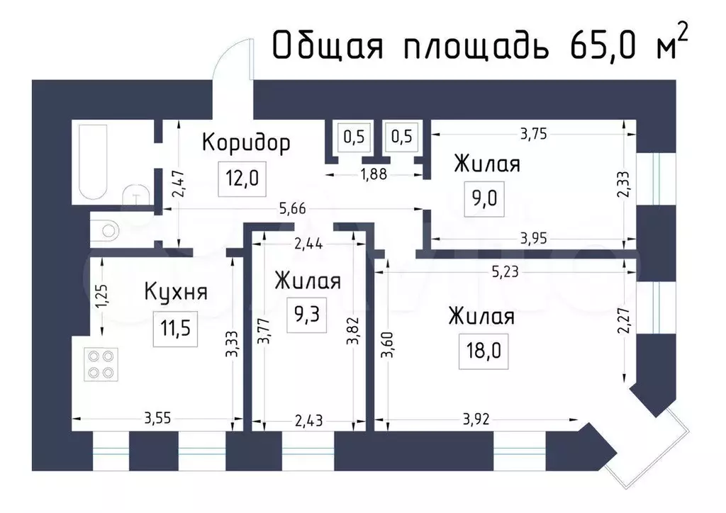 3-к. квартира, 65 м, 3/4 эт. - Фото 0