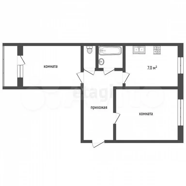 2-к. квартира, 48,8 м, 3/3 эт. - Фото 0