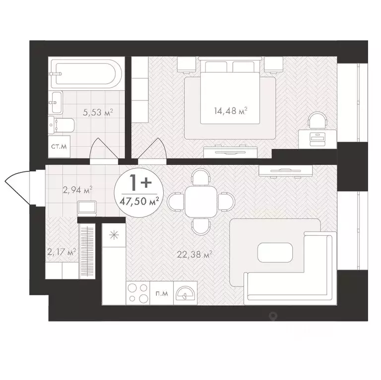 1-к кв. Башкортостан, Уфа Южный-2 мкр,  (47.5 м) - Фото 1