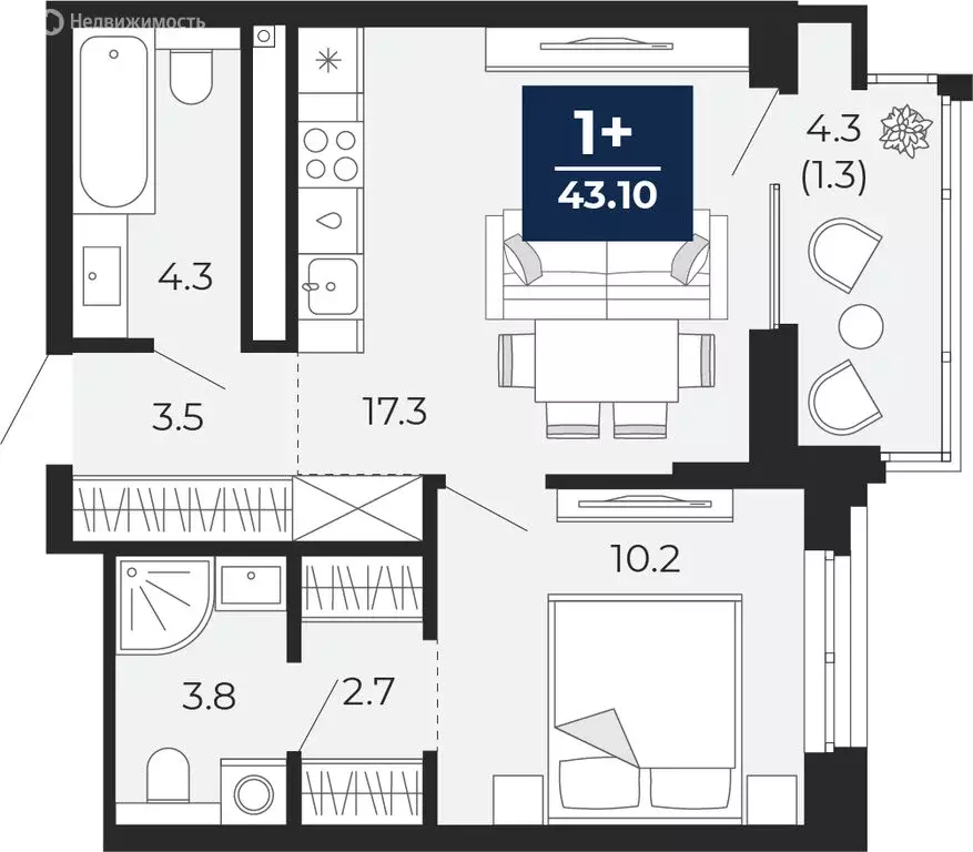 1-комнатная квартира: Тюмень, улица Тимофея Чаркова, 77 (46.1 м) - Фото 1
