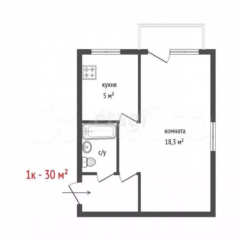 1-к. квартира, 30,9 м, 3/5 эт. - Фото 0