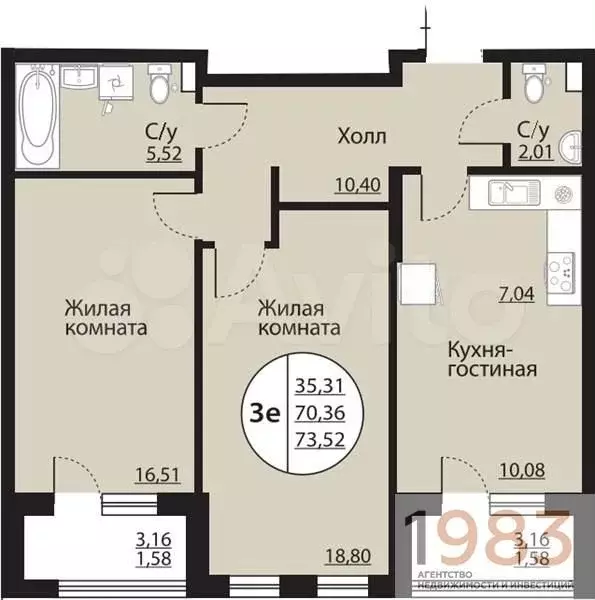 2-к. квартира, 73,5 м, 2/24 эт. - Фото 0