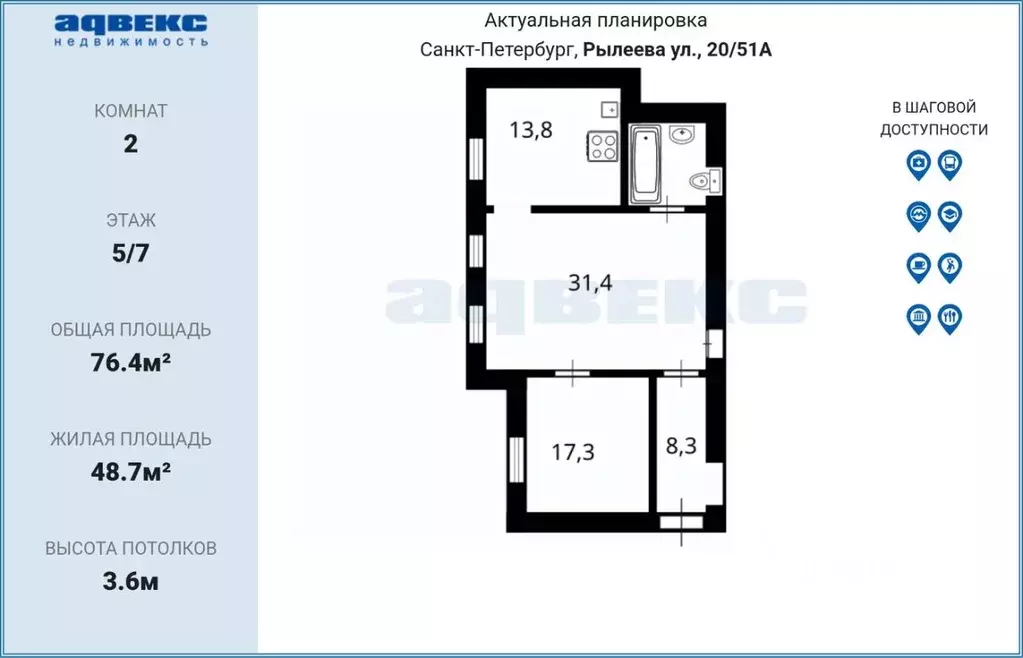2-к кв. Санкт-Петербург ул. Рылеева, 20/51 (76.4 м) - Фото 2