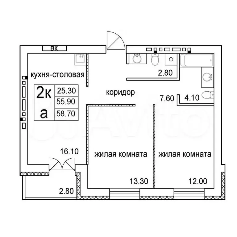 2-к. квартира, 58,7 м, 8/8 эт. - Фото 0