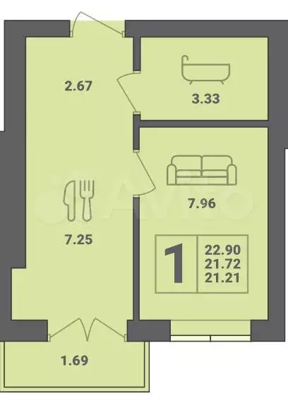 1-к. квартира, 22,9 м, 3/6 эт. - Фото 1