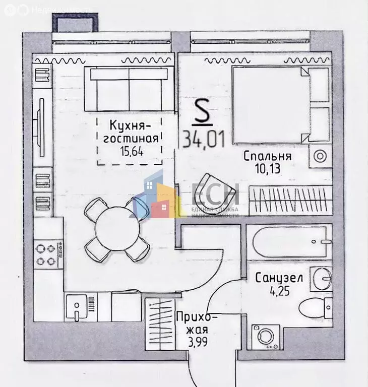 1-комнатная квартира: посёлок Молодёжный, 4 (33.5 м) - Фото 1