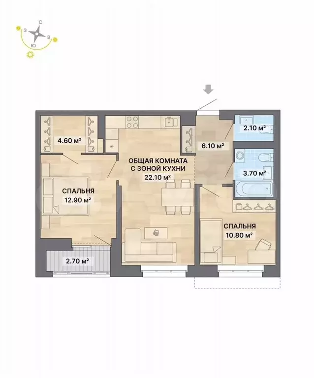 2-к. квартира, 65 м, 2/25 эт. - Фото 0