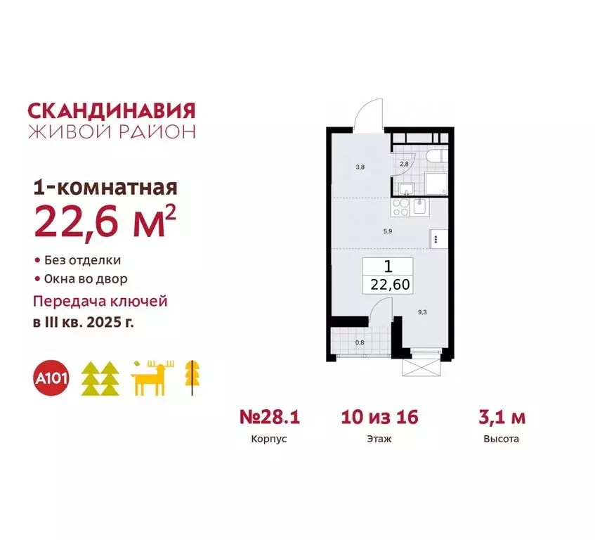 Квартира-студия: поселение Сосенское, квартал № 167 (22.6 м) - Фото 0