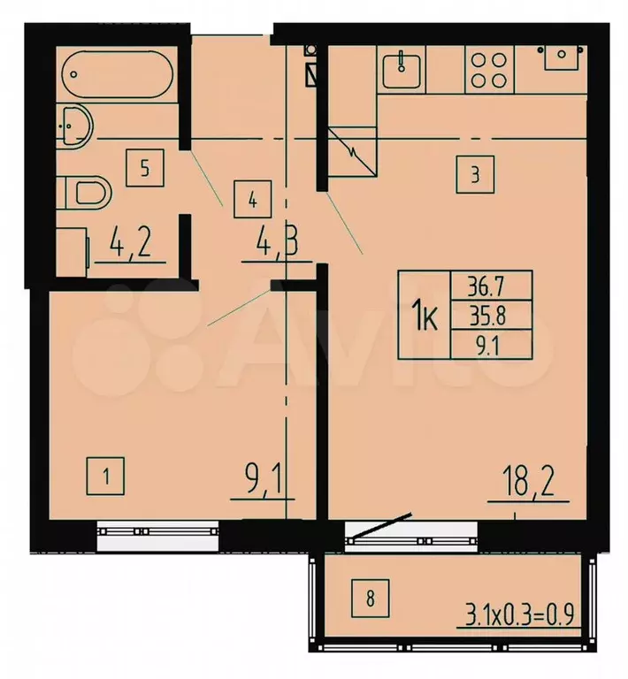 1-к. квартира, 37 м, 5/8 эт. - Фото 1