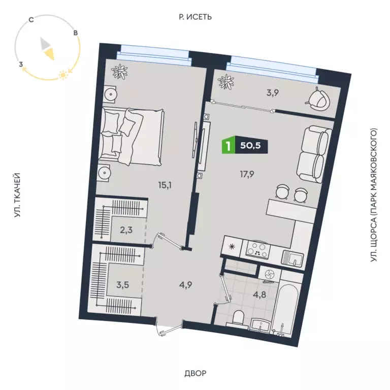 1-к квартира, 50.5 м - Фото 0