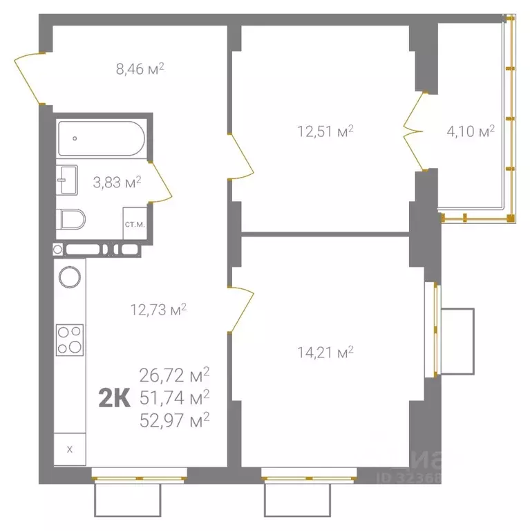 2-к кв. Нижегородская область, Нижний Новгород Ветеринарная ул. (52.97 ... - Фото 2
