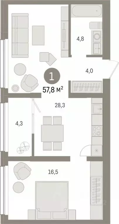 1-к кв. Тюменская область, Тюмень Мысовская ул., 26к1 (57.79 м) - Фото 1