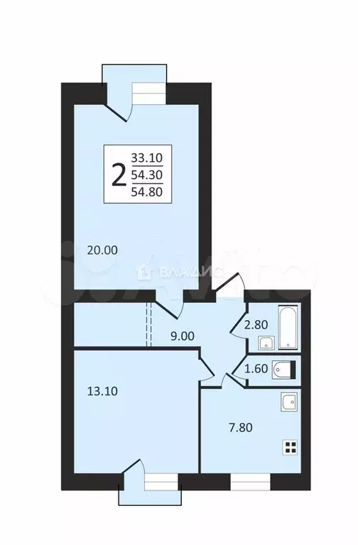 2-к. квартира, 55 м, 3/3 эт. - Фото 0