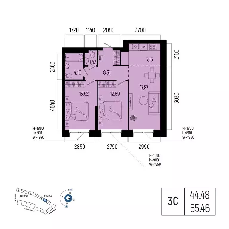 3-комнатная квартира: Уфа, улица Рудольфа Нуреева, 7 (65.46 м) - Фото 1