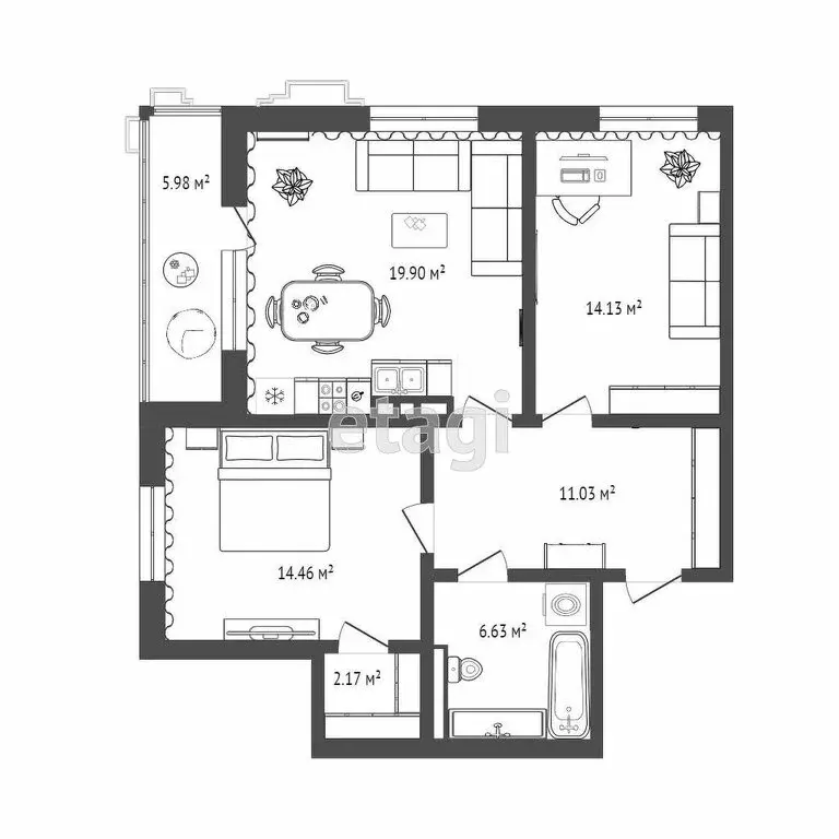 2-комнатная квартира: Тюмень, улица Евгения Войнова, 7 (67.7 м) - Фото 1