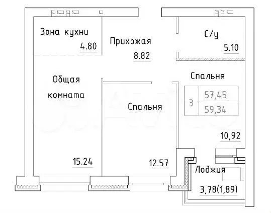 3-к. квартира, 59,3 м, 7/8 эт. - Фото 0