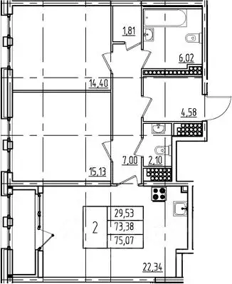 2-к кв. Санкт-Петербург ул. Типанова, 22 (75.07 м) - Фото 1
