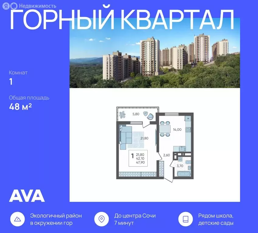 1-комнатная квартира: Сочи, ЖК Горный Квартал (48 м) - Фото 1