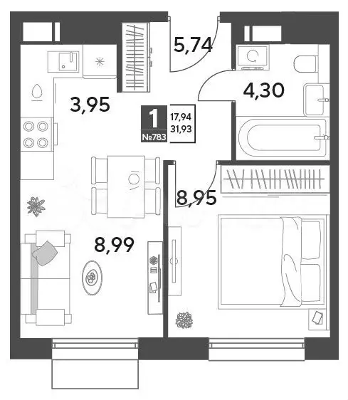 1-к. квартира, 31,9 м, 5/12 эт. - Фото 0