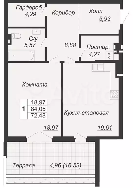 1-к. квартира, 72,5 м, 1/7 эт. - Фото 0