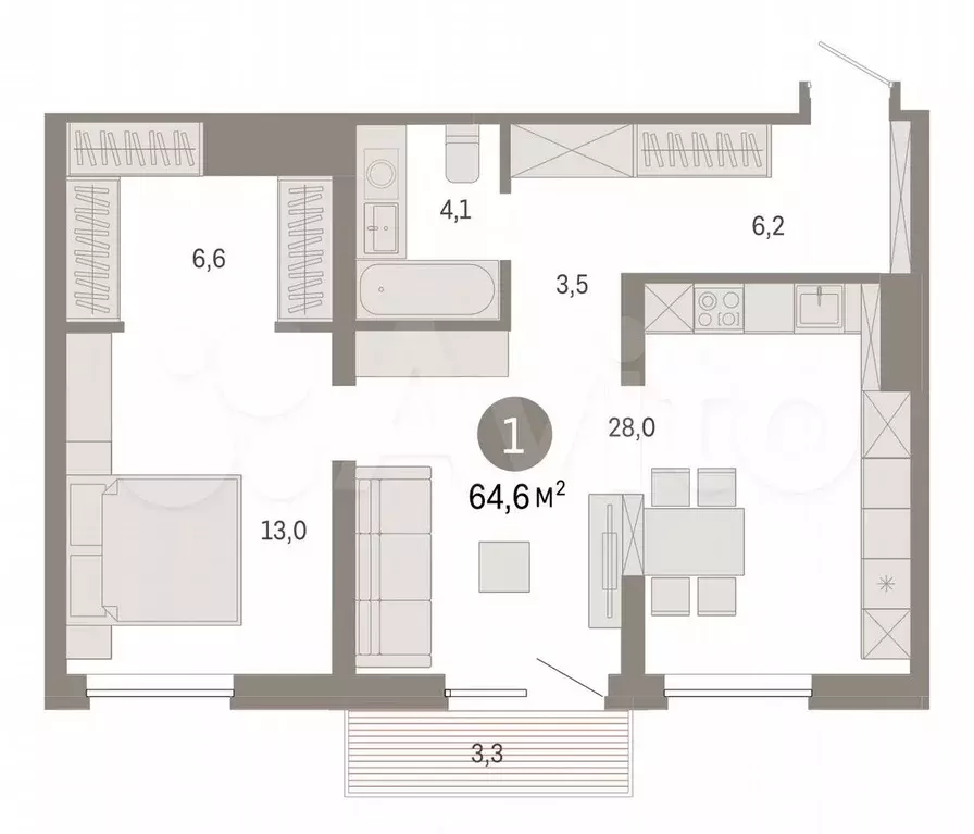 2-к. квартира, 64,6 м, 6/8 эт. - Фото 1