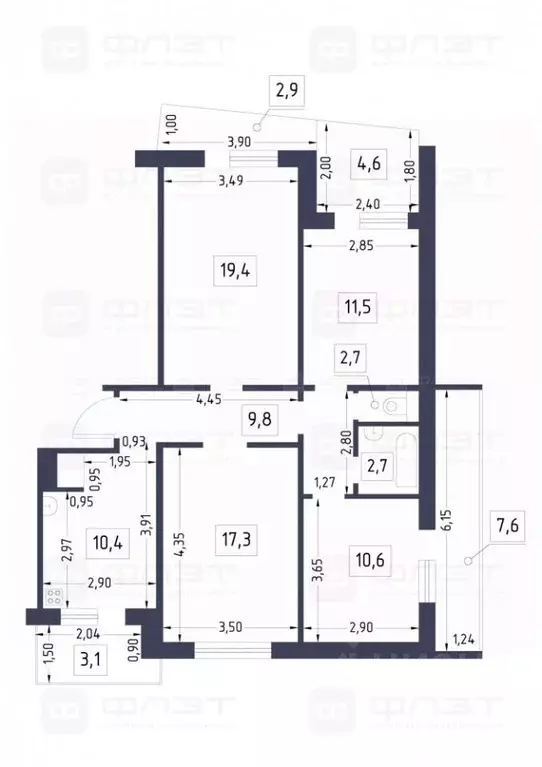 4-к кв. Татарстан, Казань ул. Юлиуса Фучика, 2 (82.7 м) - Фото 2