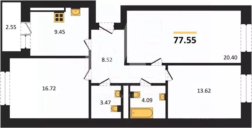 3-к кв. Калининградская область, Калининград Суздальская ул. (77.55 м) - Фото 0