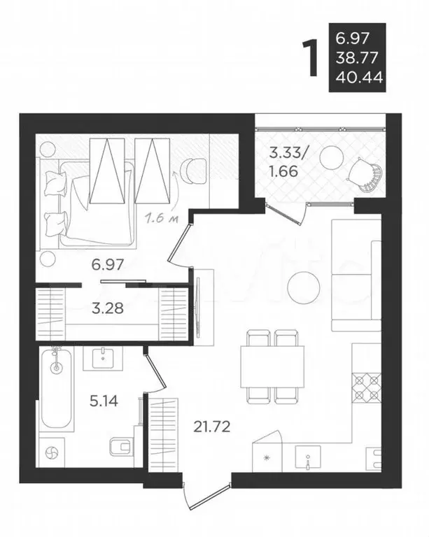 1-к. квартира, 38,8м, 4/4эт. - Фото 1