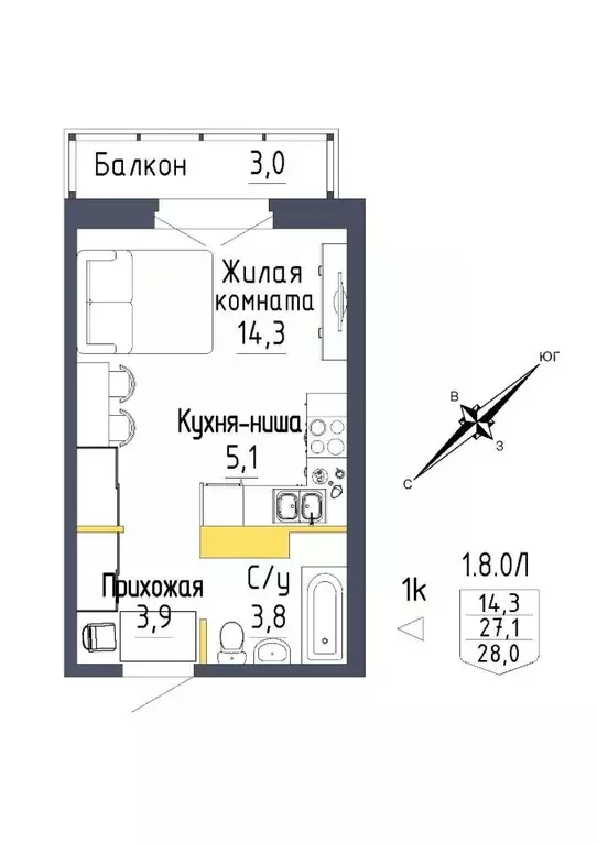 1-к кв. Свердловская область, Екатеринбург ул. Тюльпановая, 12 (28.0 ... - Фото 0