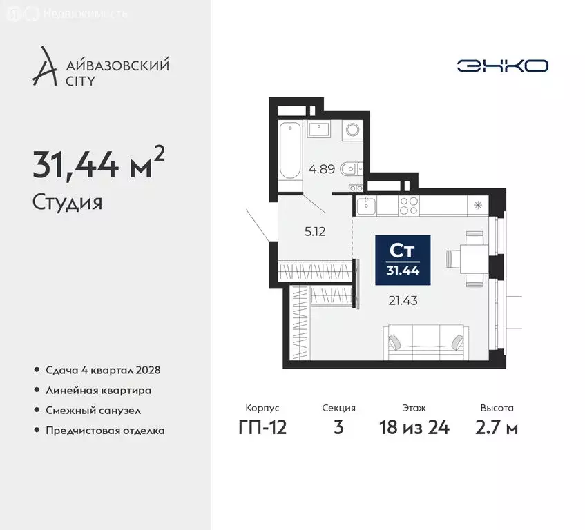 Квартира-студия: Тюмень, ЖК Айвазовский Сити (31.44 м) - Фото 1