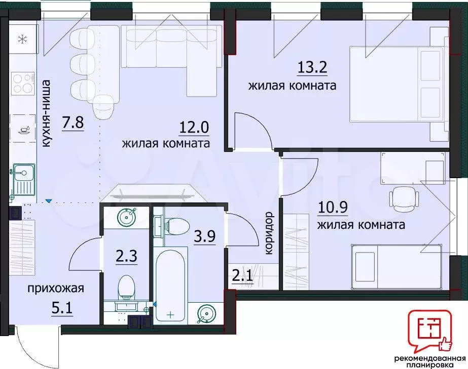 3-к. квартира, 57,5м, 1/12эт. - Фото 1