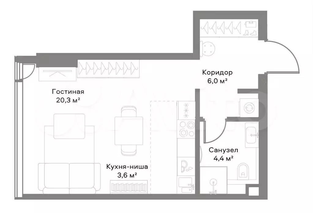 Квартира-студия, 34,4 м, 29/36 эт. - Фото 0