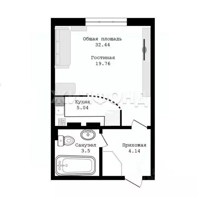Квартира-студия: Новосибирск, улица Татьяны Снежиной, 41 (32.4 м) - Фото 1
