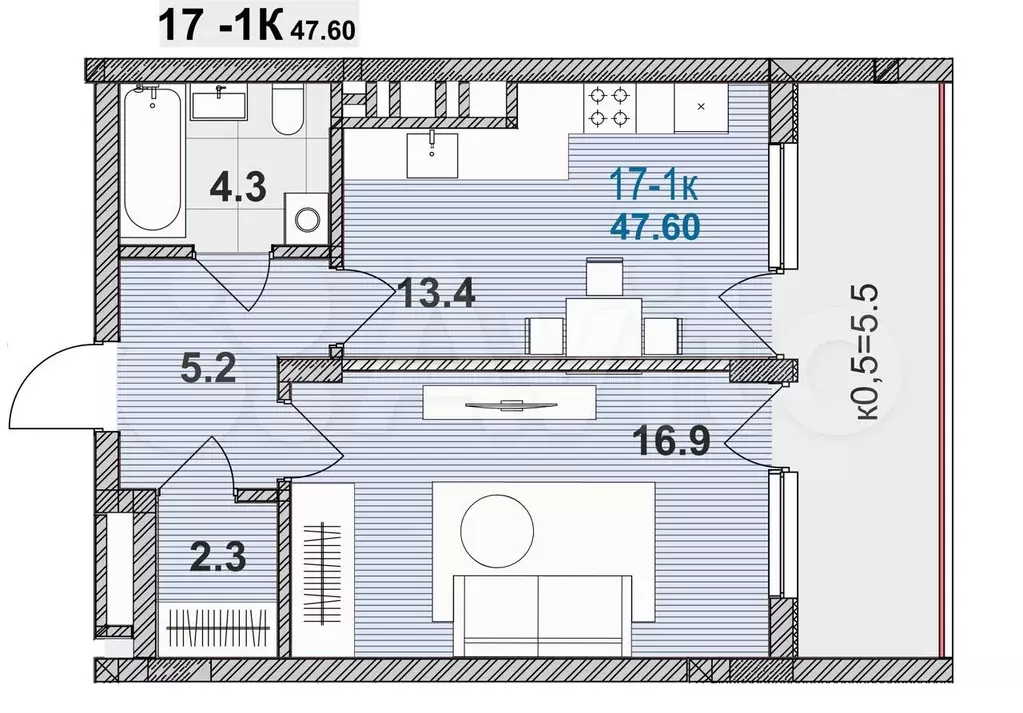 1-к. квартира, 47,6 м, 3/6 эт. - Фото 0