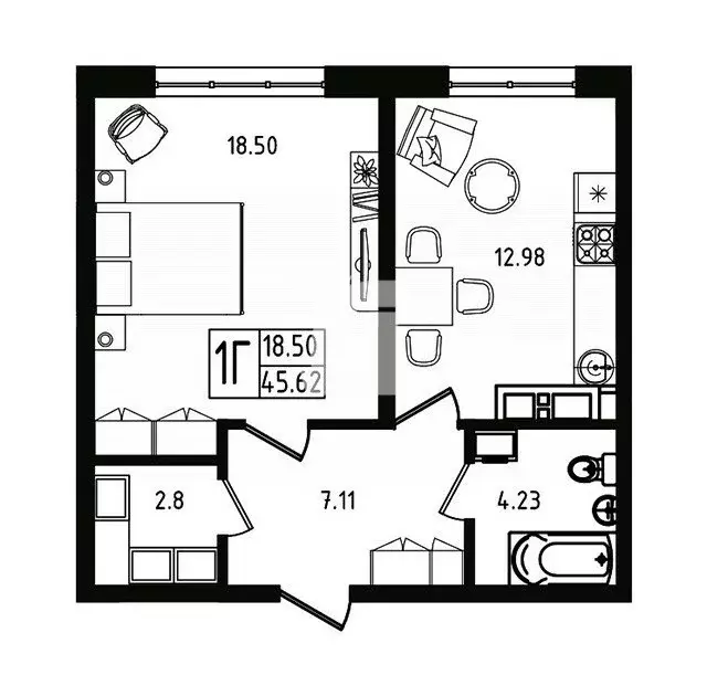 1-комнатная квартира: аул Новая Адыгея, Береговая улица, 3к13 (45.6 м) - Фото 1