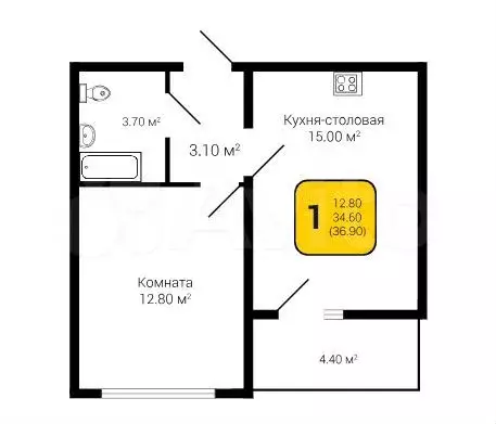 1-к. квартира, 36,9 м, 13/17 эт. - Фото 0