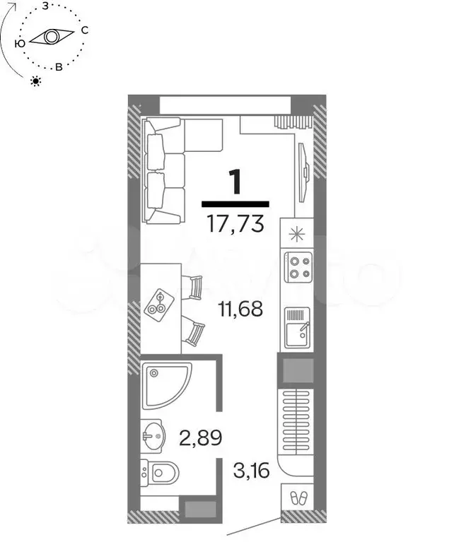 1-к. квартира, 17,7 м, 3/16 эт. - Фото 1