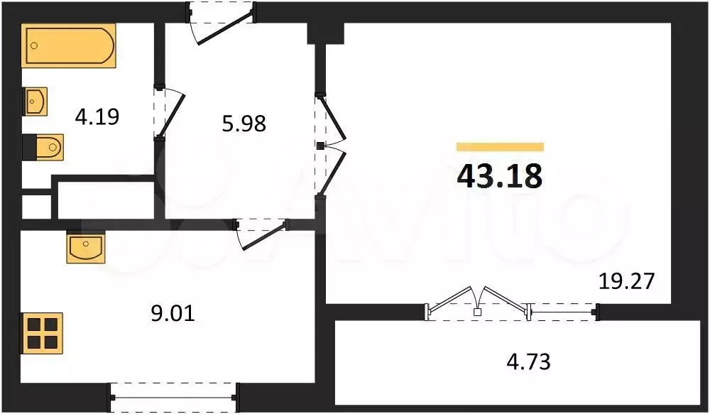 1-к. квартира, 43,2 м, 2/9 эт. - Фото 1