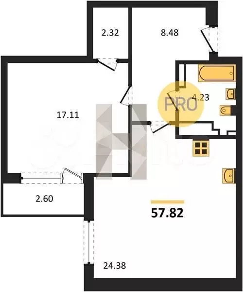 1-к. квартира, 57,8 м, 2/9 эт. - Фото 1